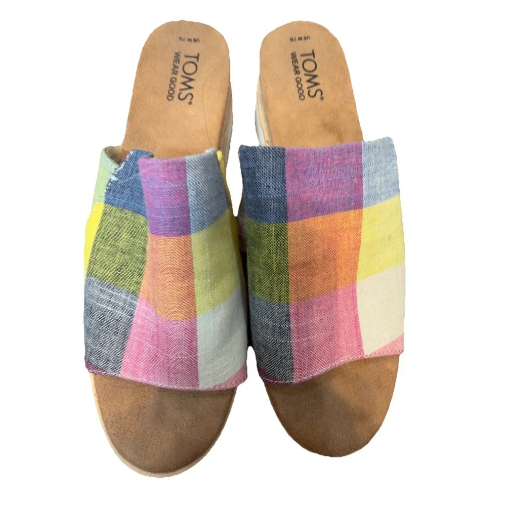 TOMS Women's 7.5 Multicolor Plaid Platform Espadrille Slide Sandals